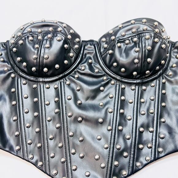 Windsor Halter Corset Top Small Black Leather Strapless Metal Studded All Over - Picture 3 of 9